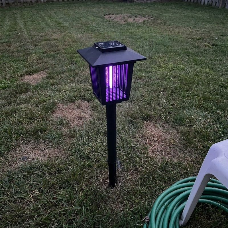 Customer photo: BugZap glowing in a backyard at dusk