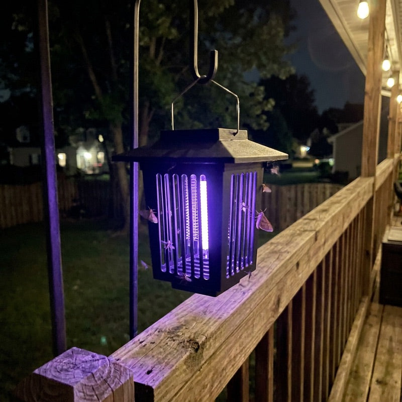 Customer photo: BugZap hanging from a porch railing at night