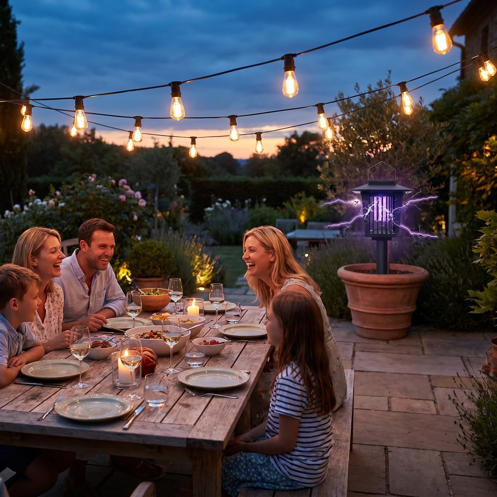 Patio dinner at dusk with BugZap glowing nearby