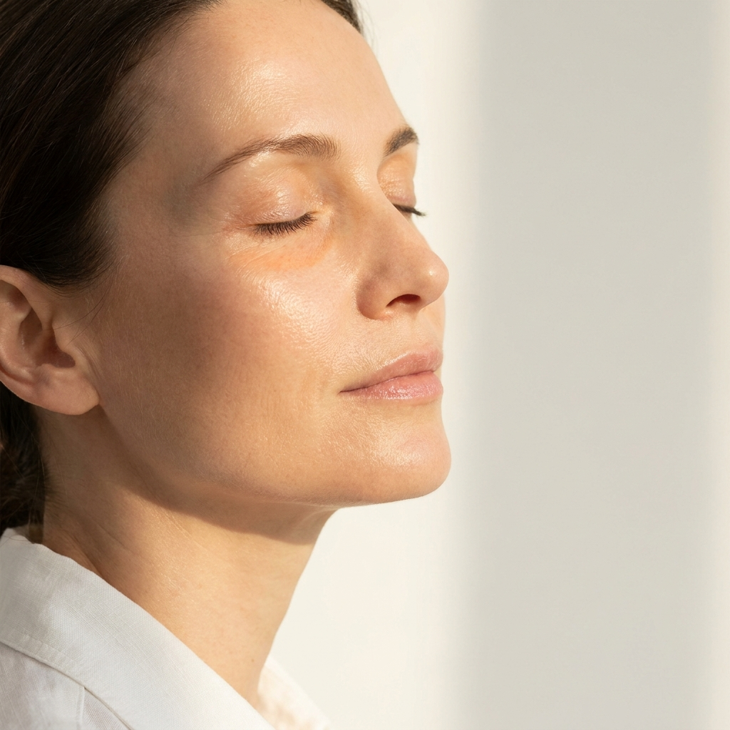 Golden sunlight on serene face - SPF protection