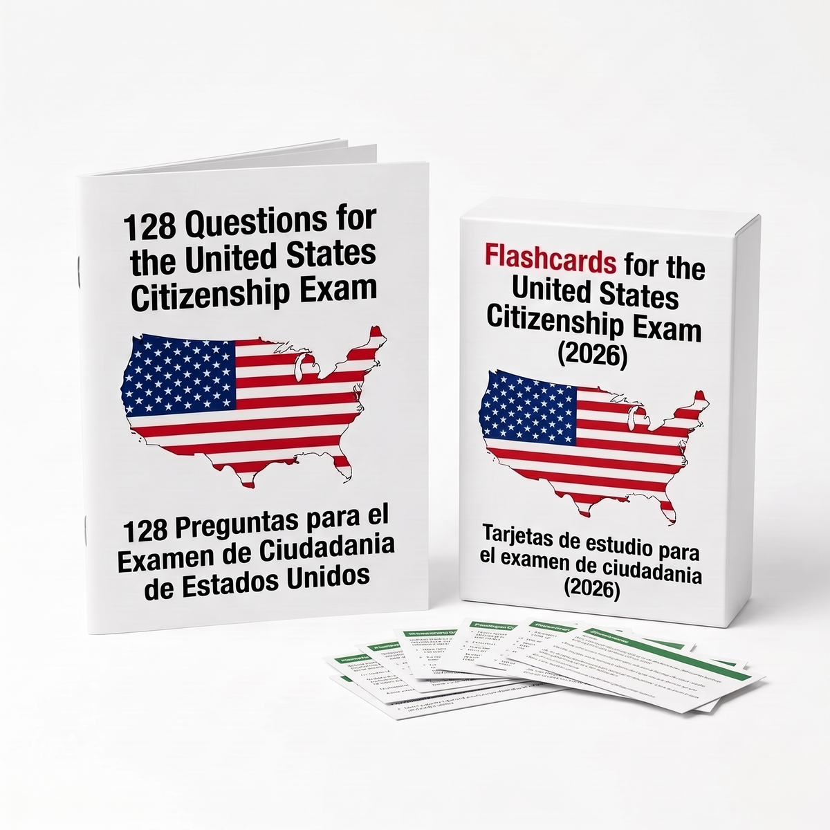 Bilingual citizenship flashcard kit: booklet with all 128 official civics questions in English and Spanish, plus the flashcard box