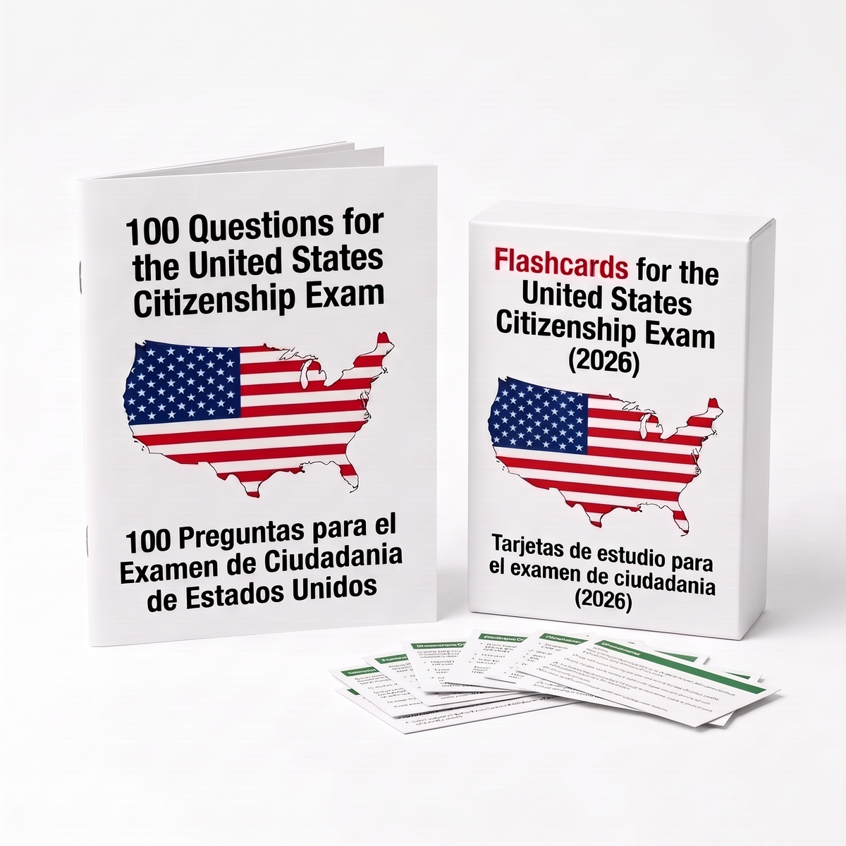 Bilingual citizenship flashcard kit: booklet with all 100 official civics questions of the 2008 test in English and Spanish, plus the flashcard box