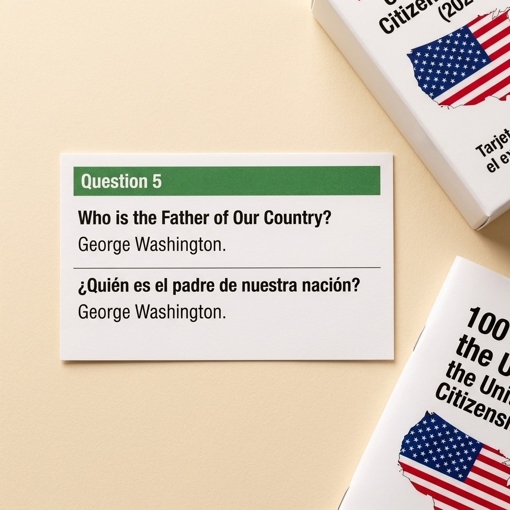 Primer plano de una tarjeta bilingüe que dice ¿Quién es el padre de nuestra nación? George Washington, en inglés y español