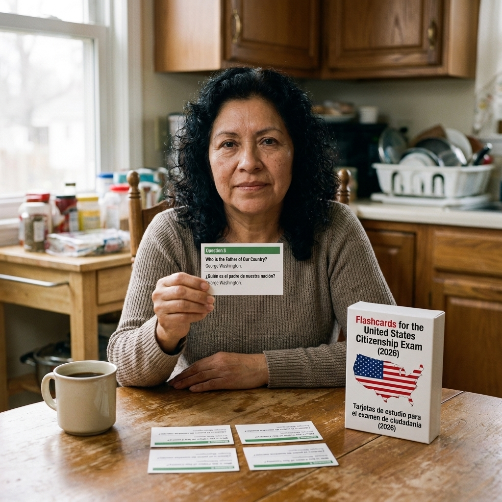 Mujer estudiando las tarjetas bilingües de ciudadanía en la mesa de su cocina, sosteniendo una tarjeta impresa
