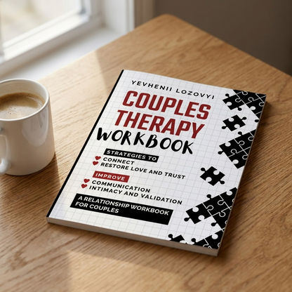 The Couples Therapy Workbook on an oak kitchen table beside a mug of coffee in morning light