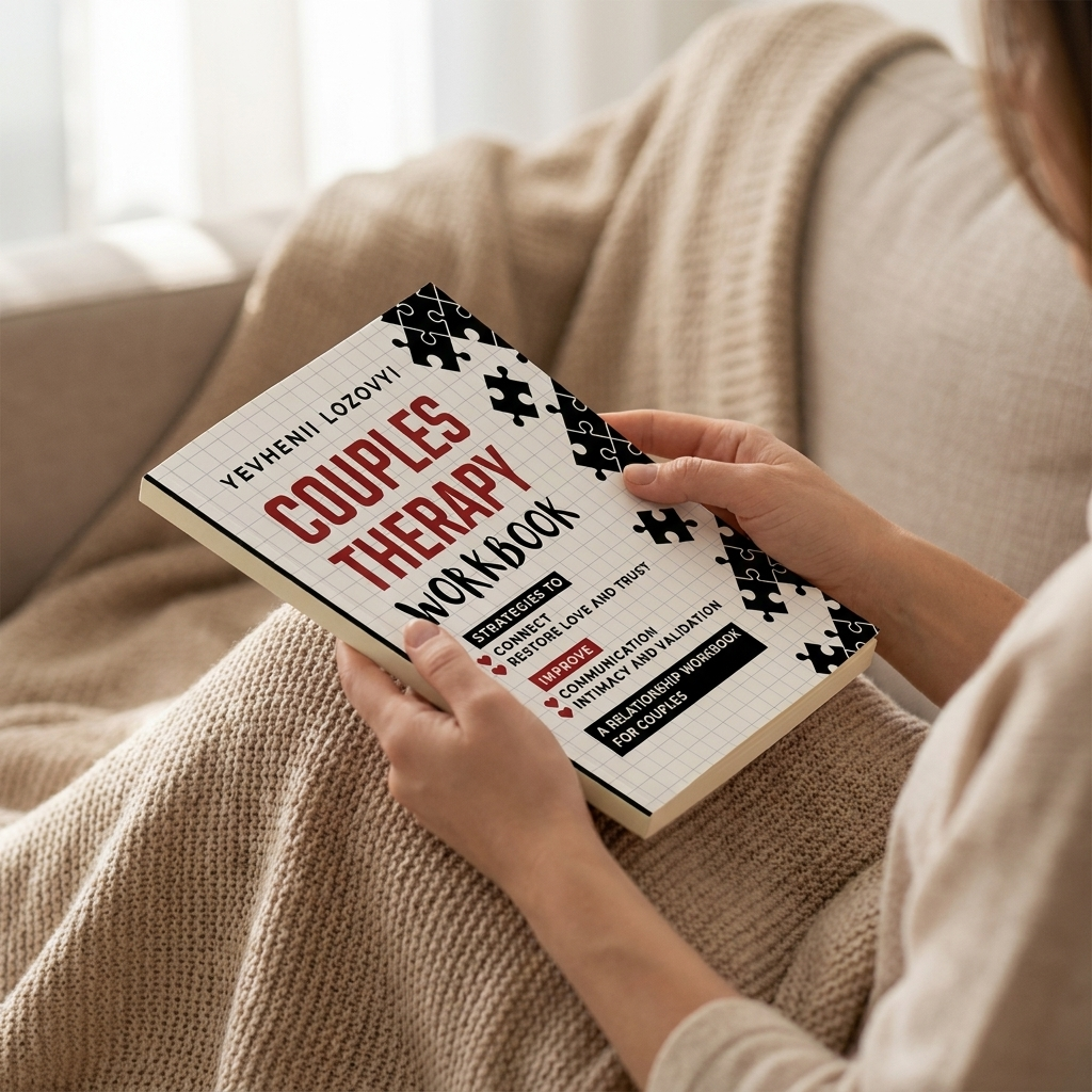 A woman reading the Couples Therapy Workbook on her lap under a blanket in the evening