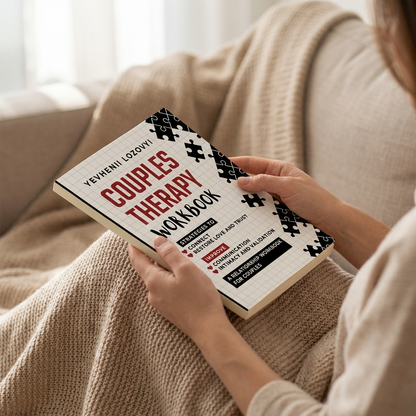 A woman reading the Couples Therapy Workbook on her lap under a blanket in the evening