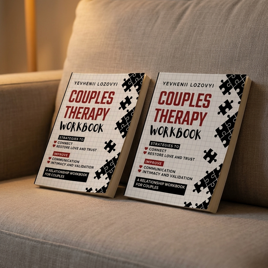 Two copies of the Couples Therapy Workbook side by side on a sofa, one for each partner