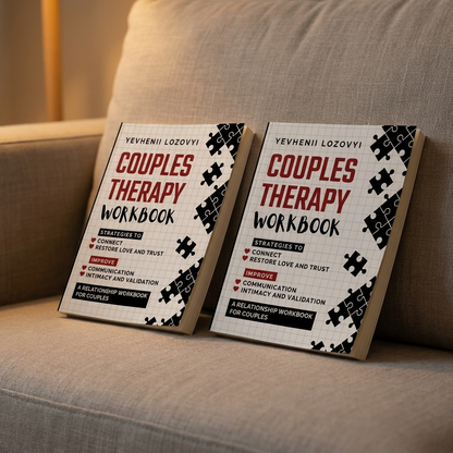 Two copies of the Couples Therapy Workbook side by side on a sofa, one for each partner