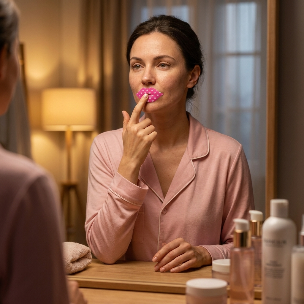 Woman applying mouth tape during evening routine