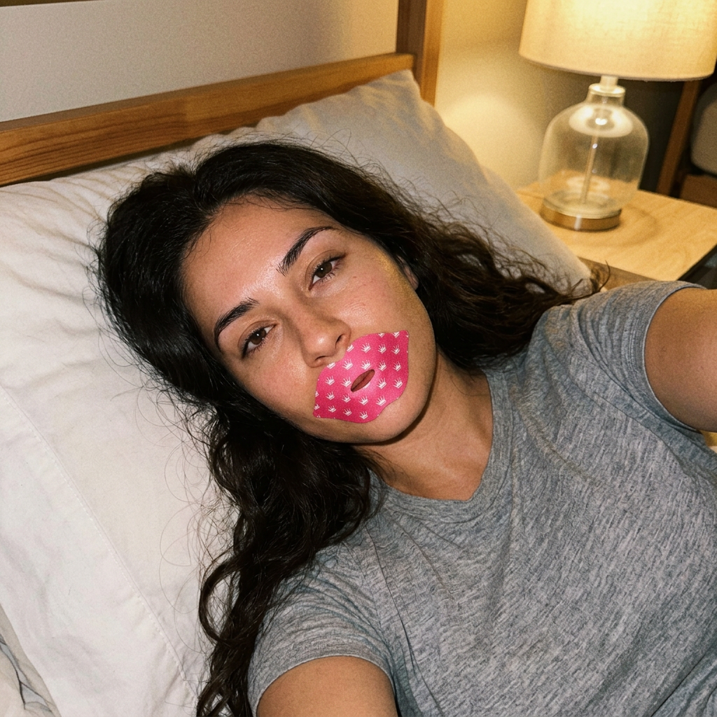 Customer style photo woman in bed wearing mouth tape