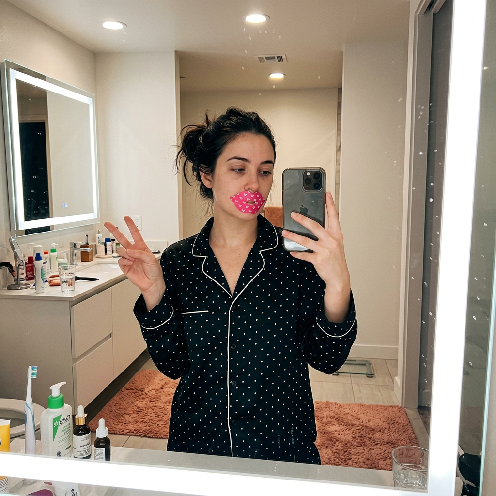 Customer style mirror photo with mouth tape