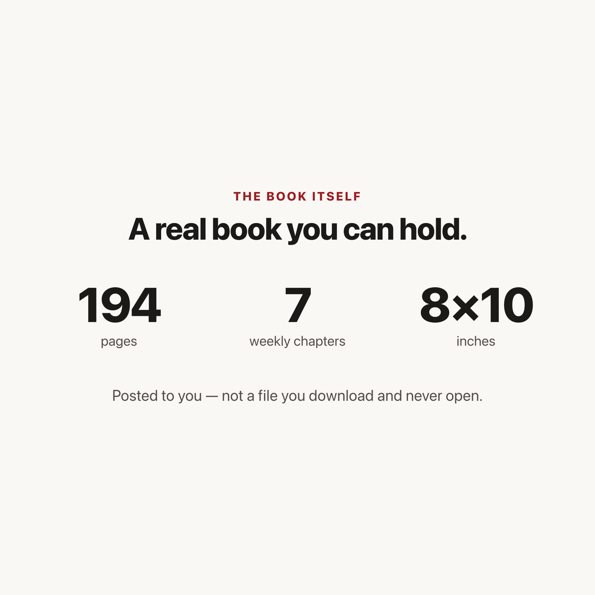 194 pages, 7 weekly chapters, 8 by 10 inches, posted to you