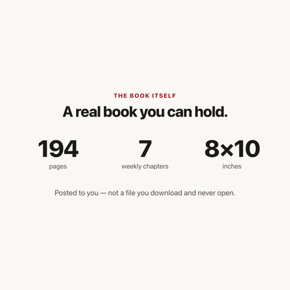 194 pages, 7 weekly chapters, 8 by 10 inches, posted to you