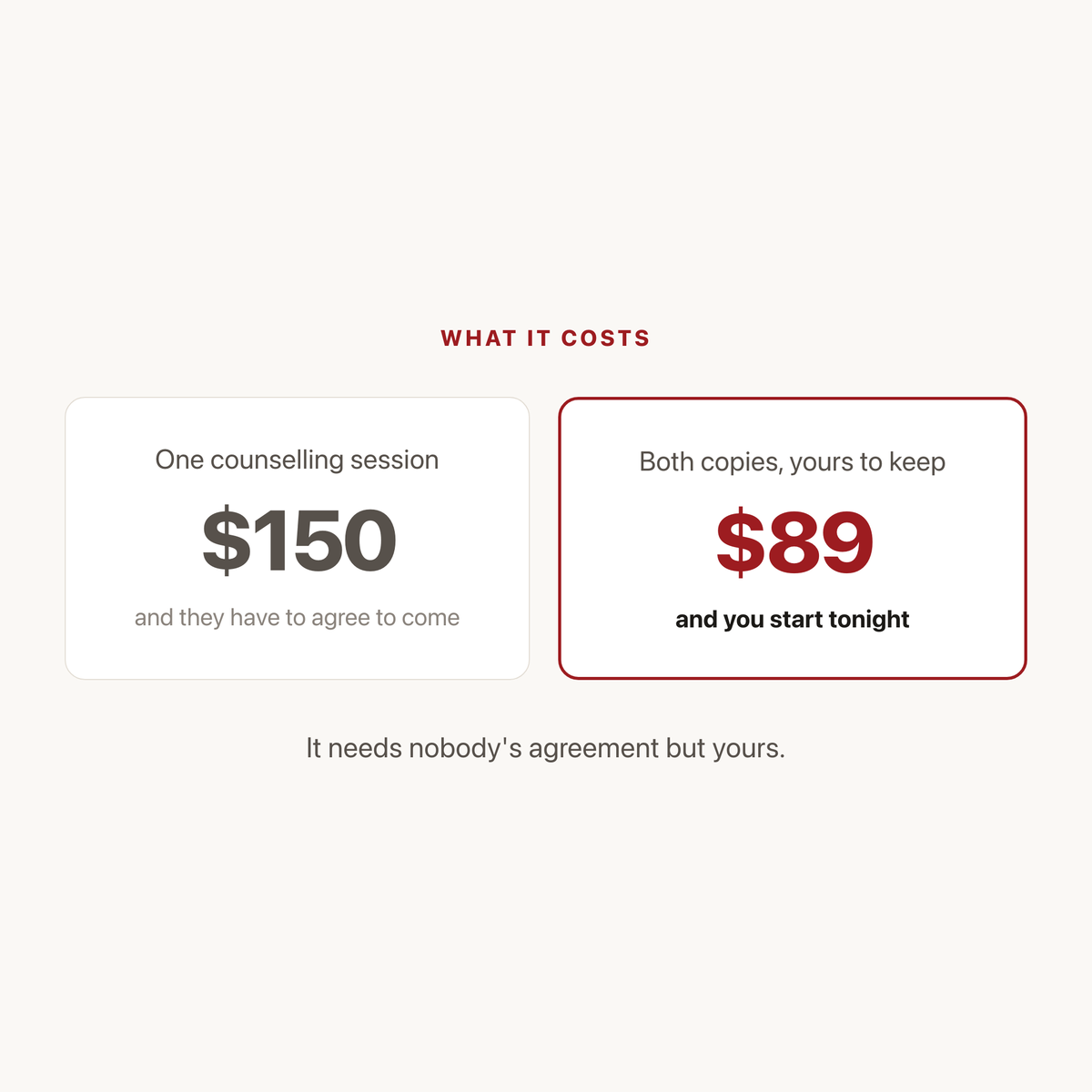 One counselling session costs about 150 dollars and needs their agreement; this costs 89 dollars and starts tonight