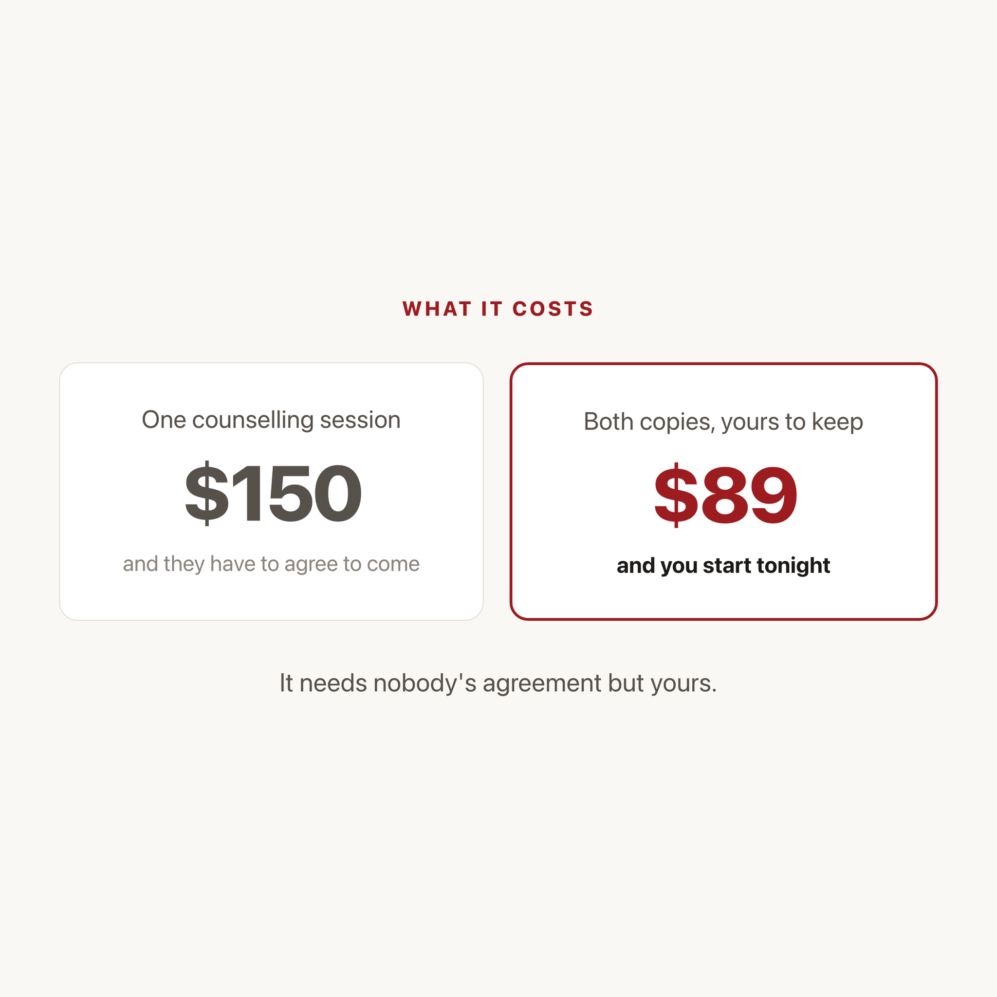 One counselling session costs about 150 dollars and needs their agreement; this costs 89 dollars and starts tonight